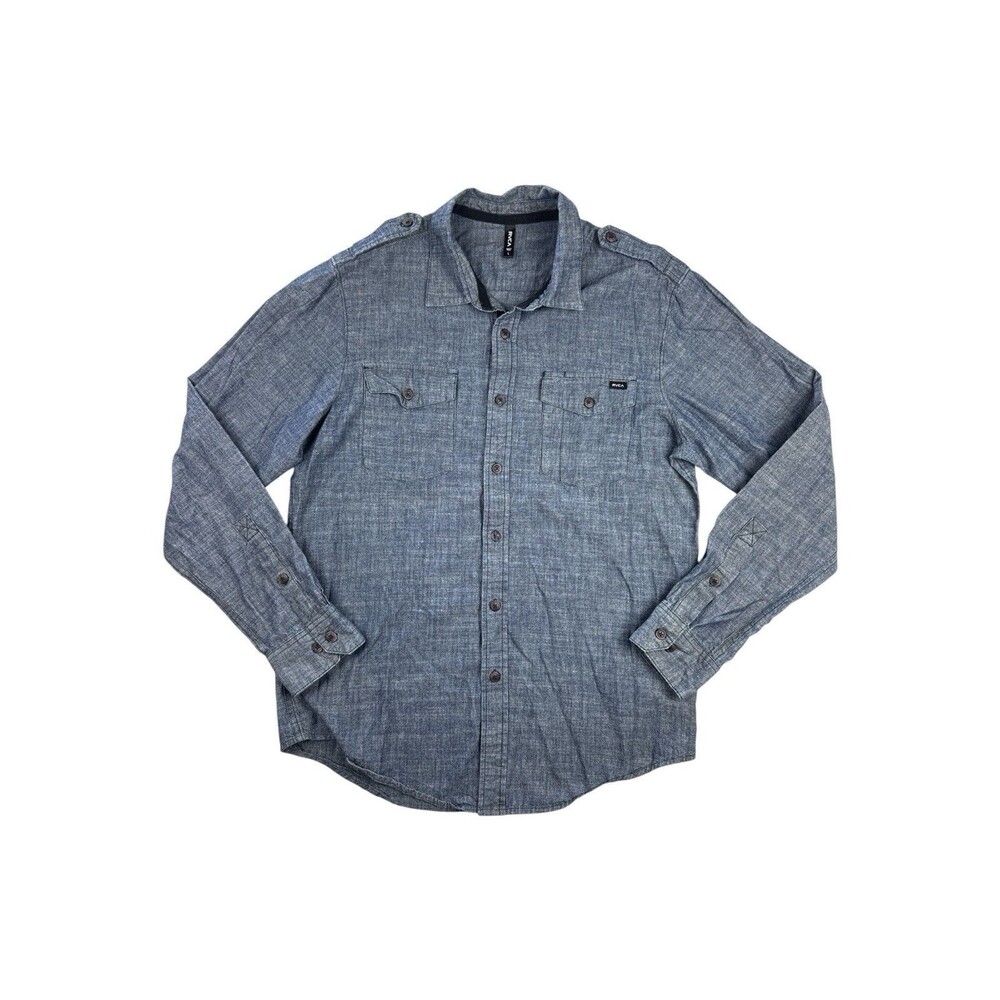 RVCA Men’s Chambray Button Down Shirt Large Blue Gray Military Utility Cotton